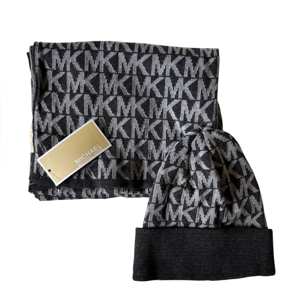Michael Kors Monogram Black and Gray Beanie and Scarf
